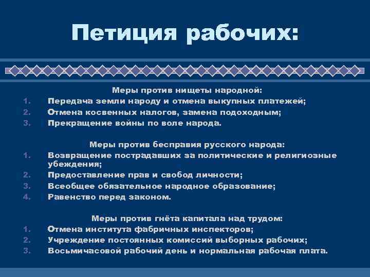 Петиция рабочих: 1. 2. 3. Меры против нищеты народной: Передача земли народу и отмена