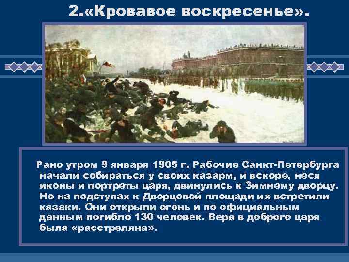 2. «Кровавое воскресенье» . Рано утром 9 января 1905 г. Рабочие Санкт-Петербурга начали собираться