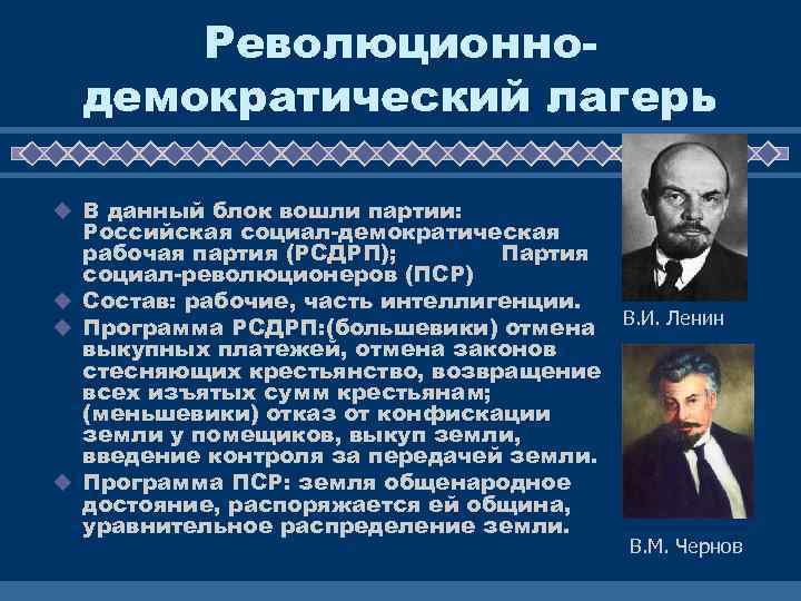 Революционнодемократический лагерь u В данный блок вошли партии: Российская социал-демократическая рабочая партия (РСДРП); Партия