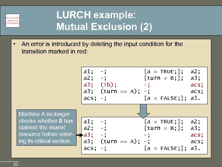 LURCH example: Mutual Exclusion (2) • An error is introduced by deleting the input