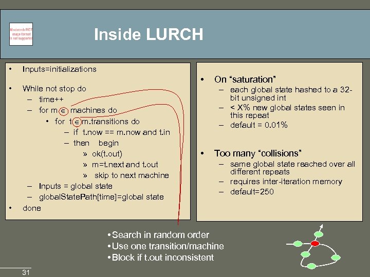 Inside LURCH • • • Inputs=initializations While not stop do – time++ – for