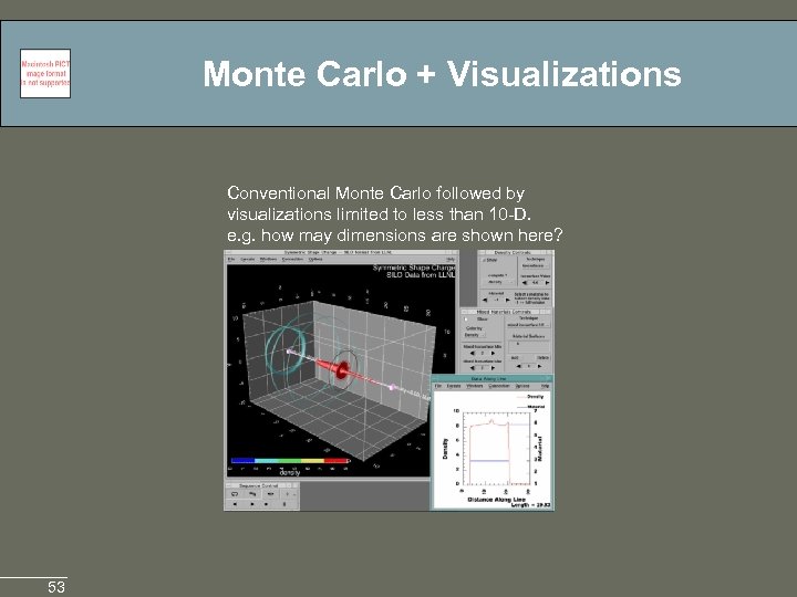 Monte Carlo + Visualizations Conventional Monte Carlo followed by visualizations limited to less than