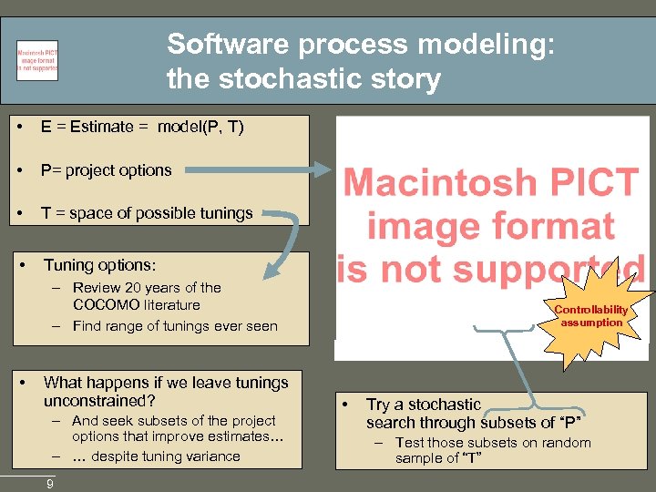 Software process modeling: the stochastic story • E = Estimate = model(P, T) •