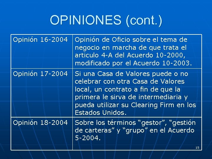 OPINIONES (cont. ) Opinión 16 -2004 Opinión de Oficio sobre el tema de negocio