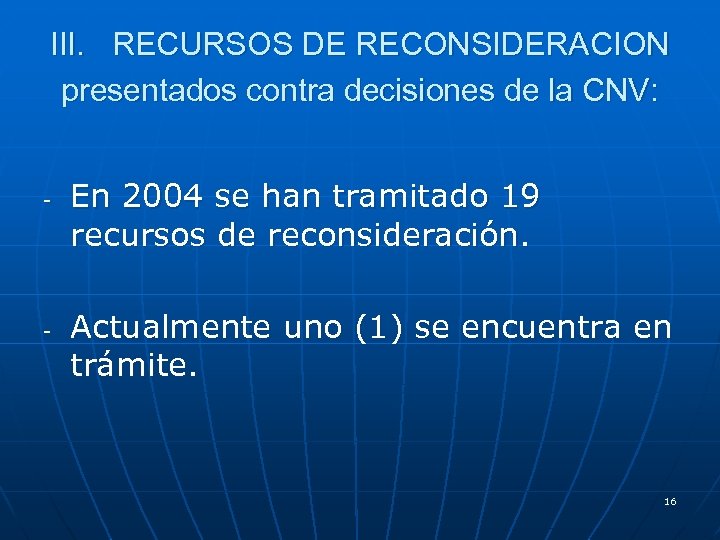 III. RECURSOS DE RECONSIDERACION presentados contra decisiones de la CNV: - - En 2004