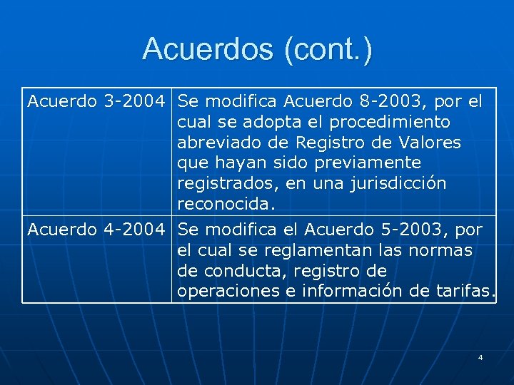 Acuerdos (cont. ) Acuerdo 3 -2004 Se modifica Acuerdo 8 -2003, por el cual