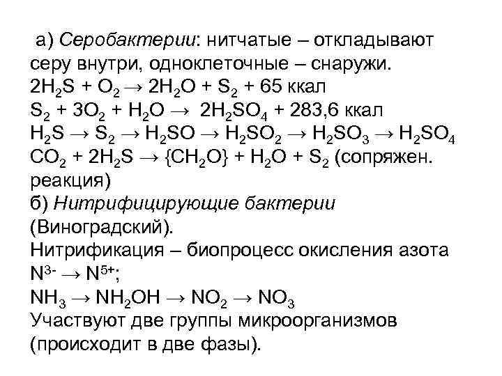 а) Серобактерии: нитчатые – откладывают серу внутри, одноклеточные – снаружи. 2 H 2 S