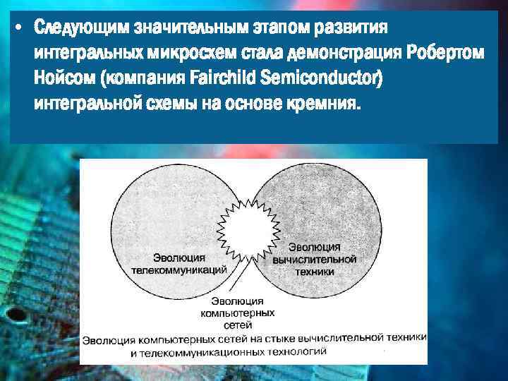  • Следующим значительным этапом развития интегральных микросхем стала демонстрация Робертом Нойсом (компания Fairchild