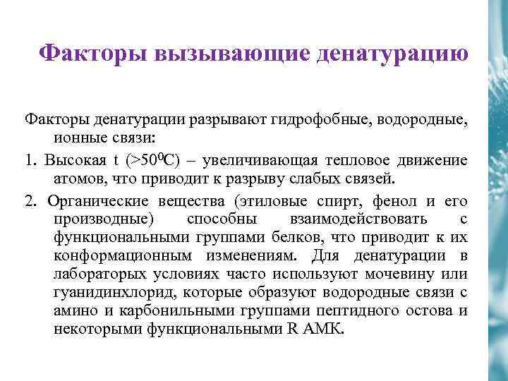 Факторы вызывающие денатурацию Факторы денатурации разрывают гидрофобные, водородные, ионные связи: 1. Высокая t (>500