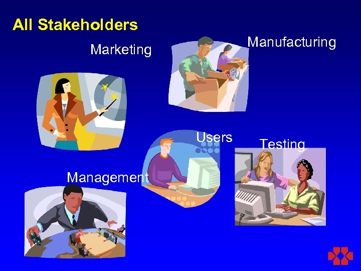 All Stakeholders Manufacturing Marketing Users Management Testing 