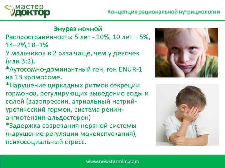 Энурез ночной Распространённость: 5 лет - 10%, 10 лет – 5%, 14– 2%, 18–