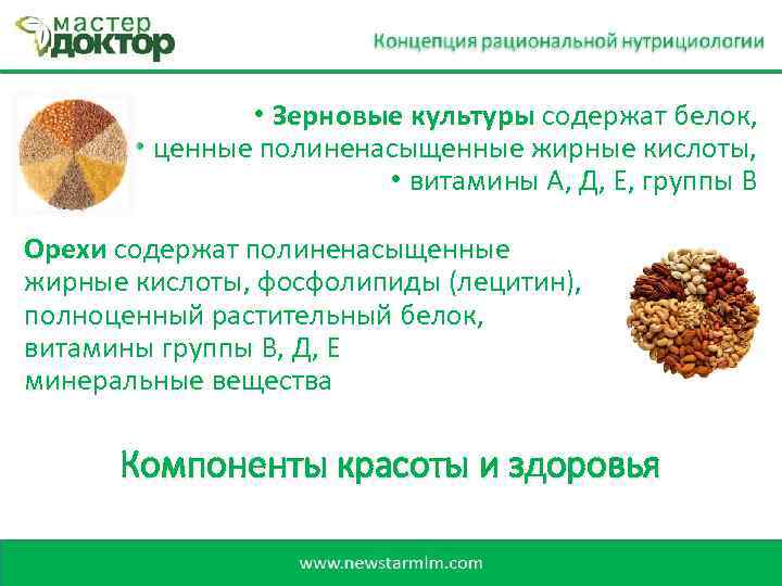  • Зерновые культуры содержат белок, • ценные полиненасыщенные жирные кислоты, • витамины А,