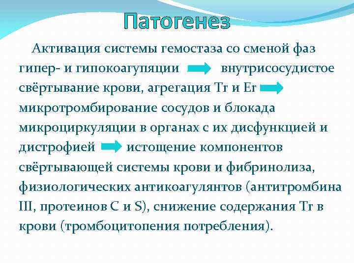 Патогенез Активация системы гемостаза со сменой фаз гипер- и гипокоагупяции внутрисосудистое свёртывание крови, агрегация