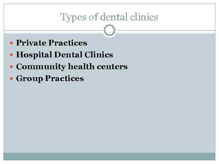 Types of dental clinics Private Practices Hospital Dental Clinics Community health centers Group Practices
