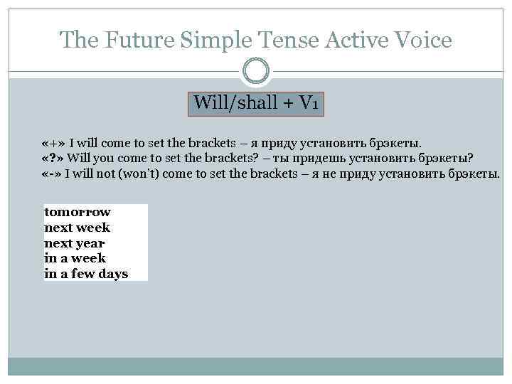 The Future Simple Tense Active Voice Will/shall + V 1 «+» I will come