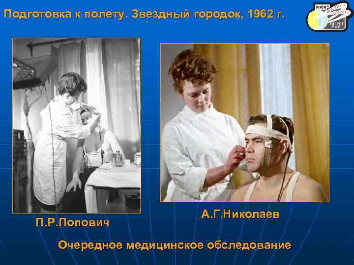 Подготовка к полету. Звездный городок, 1962 г. П. Р. Попович А. Г. Николаев Очередное