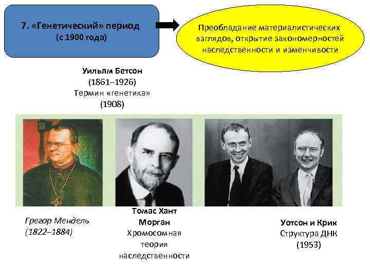 7. «Генетический» период (с 1900 года) Преобладание материалистических взглядов, открытие закономерностей наследственности и изменчивости