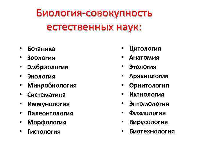 Биология-совокупность естественных наук: • • • Ботаника Зоология Эмбриология Экология Микробиология Систематика Иммунология Палеонтология