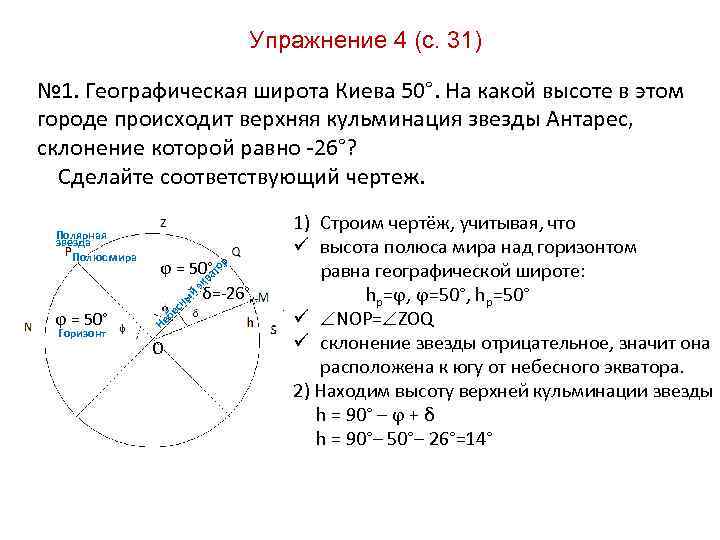 Упражнение 4 (с. 31) № 1. Географическая широта Киева 50°. На какой высоте в