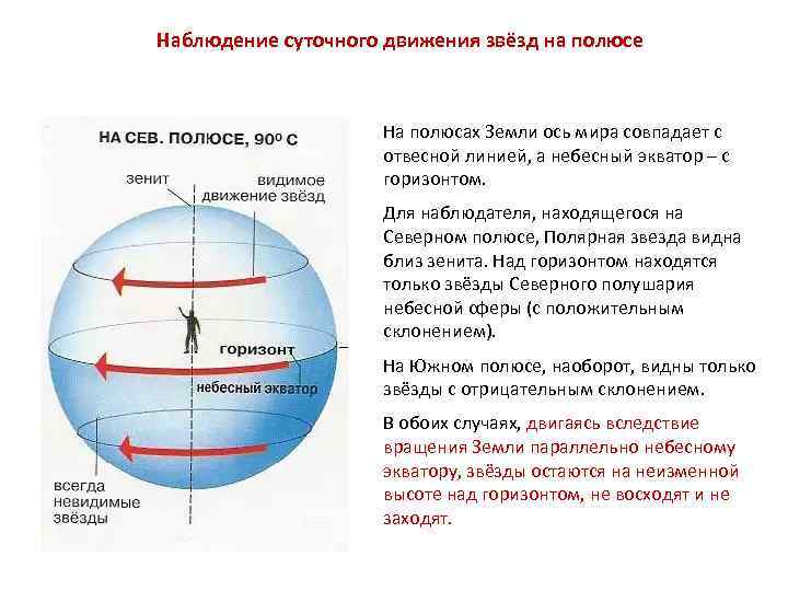 Наблюдение суточного движения звёзд на полюсе На полюсах Земли ось мира совпадает с отвесной