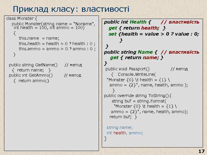 Приклад класу: властивості class Monster { public Monster(string name = "Noname", int health =