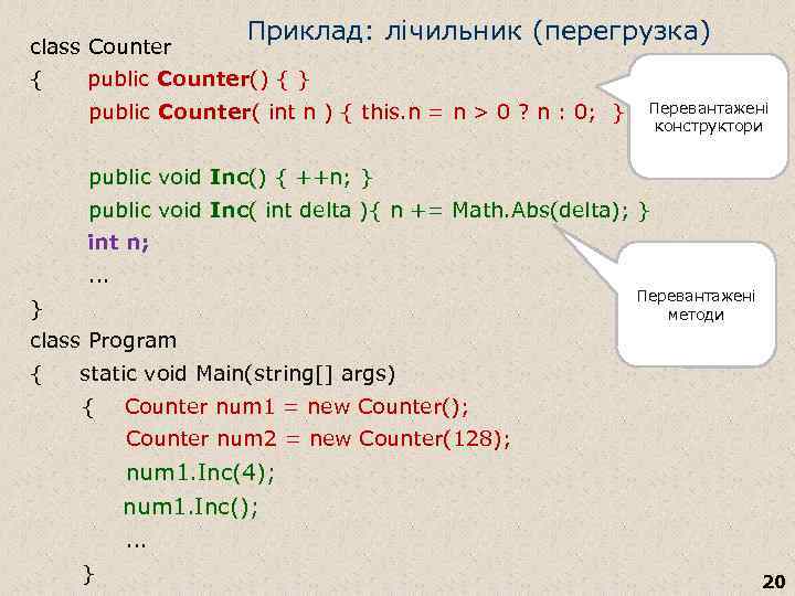 class Counter Приклад: лічильник (перегрузка) { public Counter() { } public Counter( int n