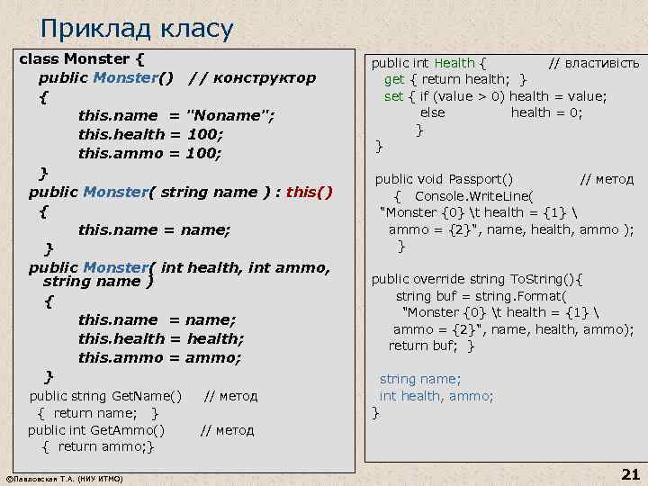 Приклад класу class Monster { public Monster() // конструктор { this. name = "Noname";