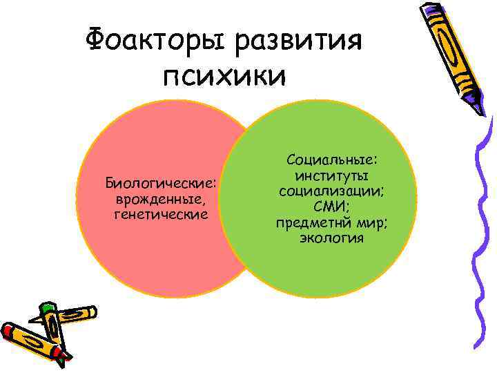 Фоакторы развития психики Биологические: врожденные, генетические Социальные: институты социализации; СМИ; предметнй мир; экология 
