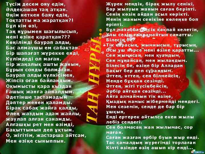 Түсім десем ояу едім, Әлдеқашан таң атқан. Өңім неткен баяу едің, Тоқтатты ма жаратқан?