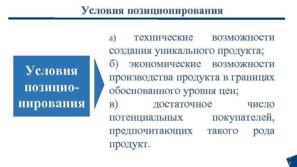 Условия позиционирования технические возможности создания уникального продукта; б) экономические возможности производства продукта в границах