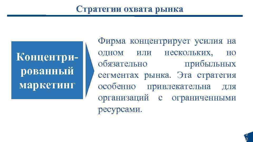 Стратегии охвата рынка Концентрированный маркетинг Фирма концентрирует усилия на одном или нескольких, но обязательно