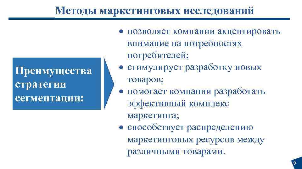Методы маркетинговых исследований Преимущества стратегии сегментации: позволяет компании акцентировать внимание на потребностях потребителей; стимулирует