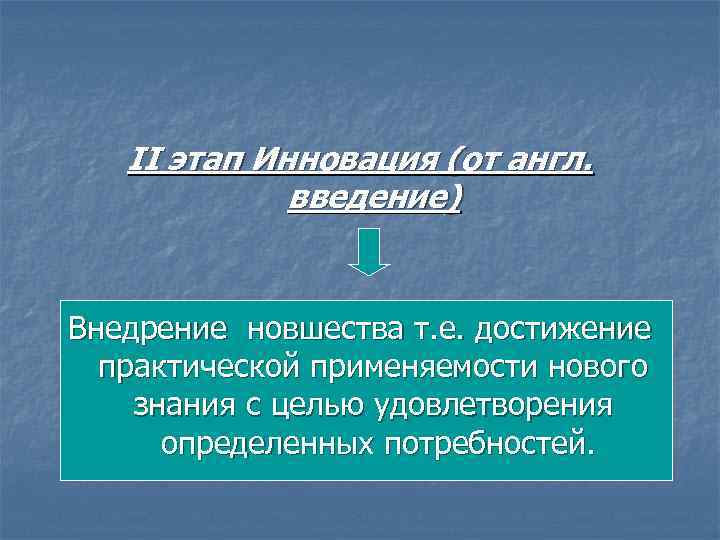 II этап Инновация (от англ. введение) Внедрение новшества т. е. достижение практической применяемости нового
