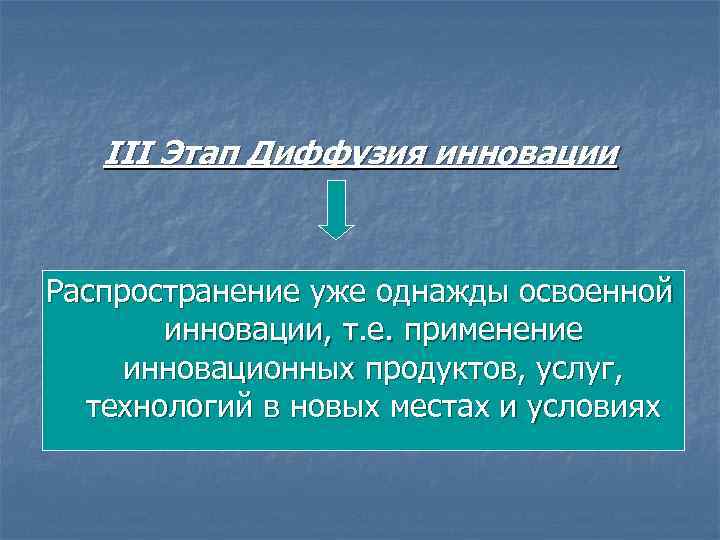 III Этап Диффузия инновации Распространение уже однажды освоенной инновации, т. е. применение инновационных продуктов,