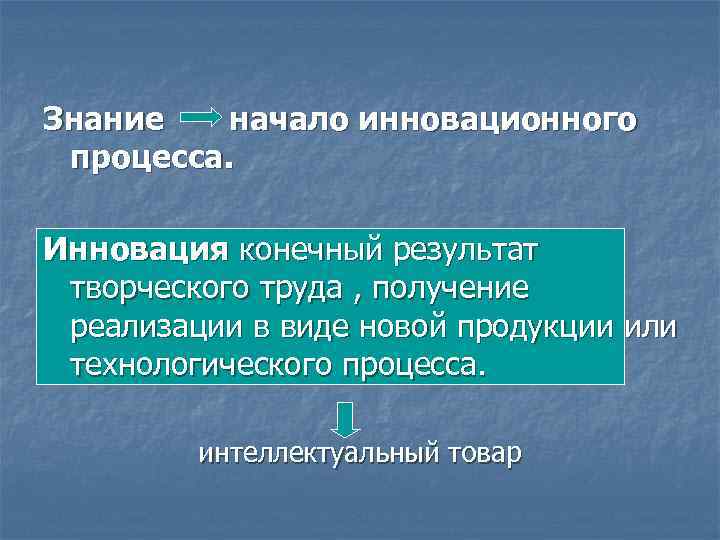 Знание начало инновационного процесса. Инновация конечный результат творческого труда , получение реализации в виде