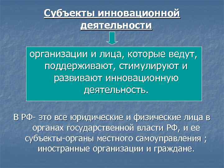 Субъекты инновационной деятельности организации и лица, которые ведут, поддерживают, стимулируют и развивают инновационную деятельность.