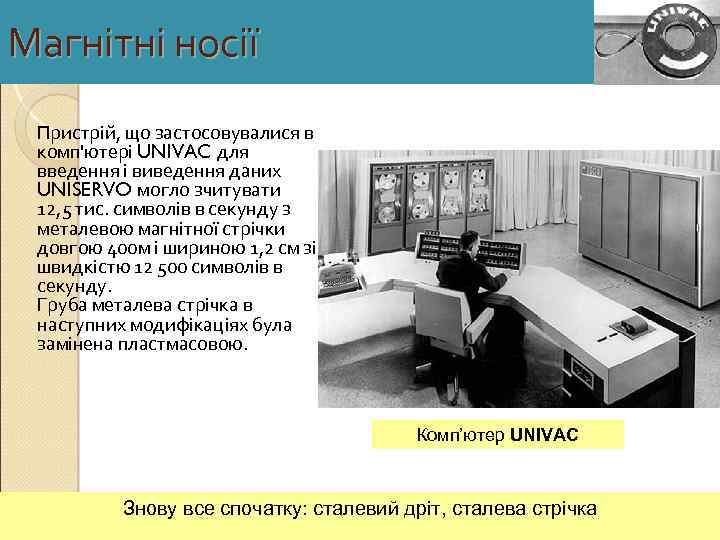 Магнітні носії Пристрій, що застосовувалися в комп'ютері UNIVAC для введення і виведення даних UNISERVO