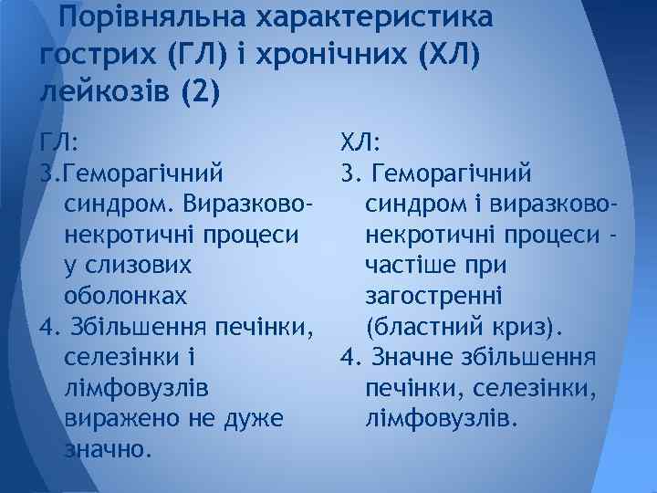 Порівняльна характеристика гострих (ГЛ) і хронічних (ХЛ) лейкозів (2) ГЛ: 3. Геморагічний синдром. Виразковонекротичні