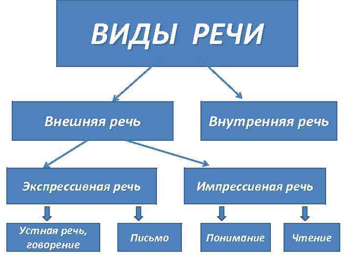 Виды речи. Виды речи схема. Виды внешней речи. Экспрессивная и импрессивная речь.