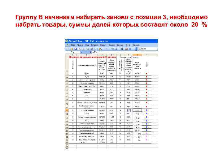 Группу В начинаем набирать заново с позиции 3, необходимо набрать товары, суммы долей которых