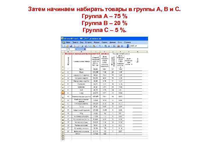 Затем начинаем набирать товары в группы A, B и С. Группа А – 75