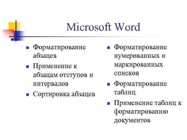 Microsoft Word n n n Форматирование абзацев Применение к абзацам отступов и интервалов Сортировка