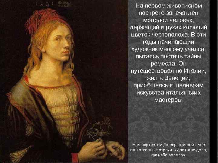 На первом живописном портрете запечатлен молодой человек, держащий в руках колючий цветок чертополоха. В
