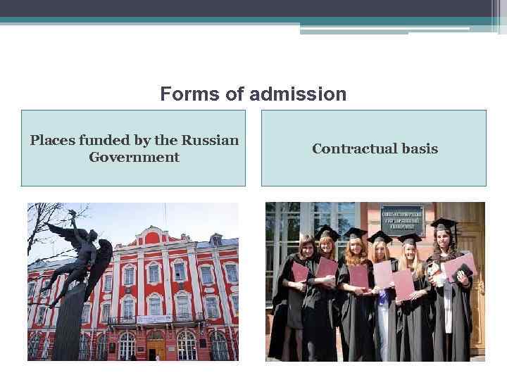 Forms of admission Places funded by the Russian Government Contractual basis 