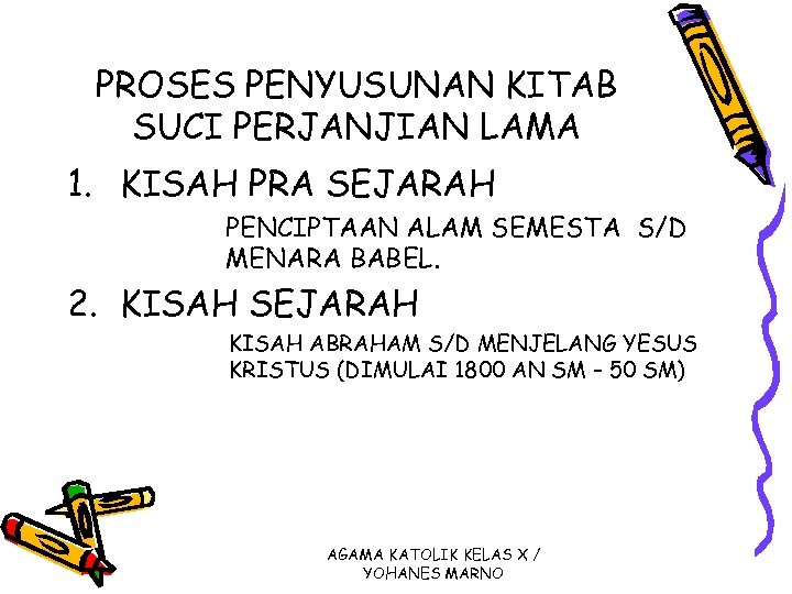 PROSES PENYUSUNAN KITAB SUCI PERJANJIAN LAMA 1. KISAH PRA SEJARAH PENCIPTAAN ALAM SEMESTA S/D