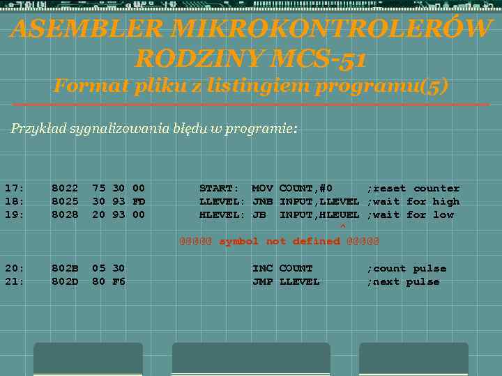 ASEMBLER MIKROKONTROLERÓW RODZINY MCS-51 Format pliku z listingiem programu(5) Przykład sygnalizowania błędu w programie: