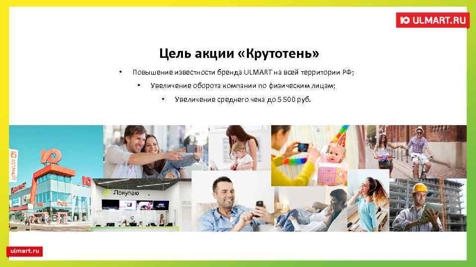 Цель акции «Крутотень» • Повышение известности бренда ULMART на всей территории РФ; • Увеличение