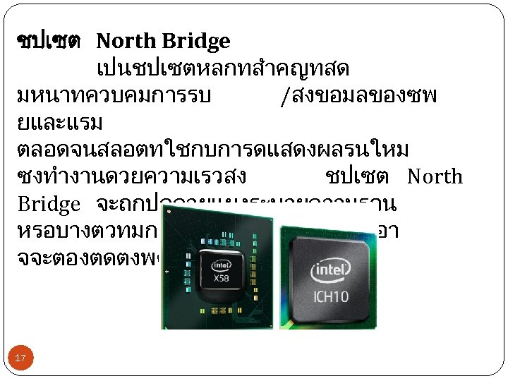 ชปเซต North Bridge เปนชปเซตหลกทสำคญทสด มหนาทควบคมการรบ /สงขอมลของซพ ยและแรม ตลอดจนสลอตทใชกบการดแสดงผลรนใหม ซงทำงานดวยความเรวสง ชปเซต North Bridge จะถกปดดวยแผงระบายความรอน หรอบางตวทมการดแสดงผลอยภายในกอา