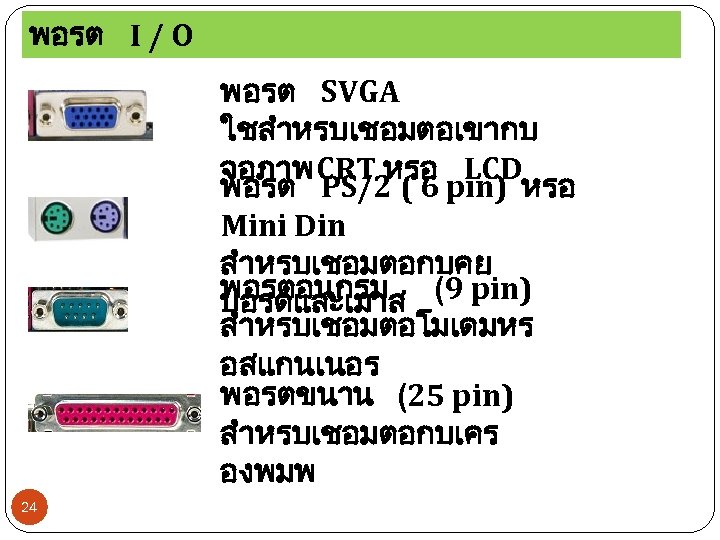 พอรต I / O พอรต SVGA ใชสำหรบเชอมตอเขากบ จอภาพ CRT หรอ LCD พอรต PS/2 (