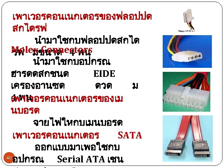 เพาเวอรคอนเนกเตอรของฟลอปปด สกไดรฟ นำมาใชกบฟลอปปดสกได Molex Connectors รฟ มขนาด 4 พน นำมาใชกบอปกรณ ฮารดดสกชนด EIDE เครองอานซด ดวด